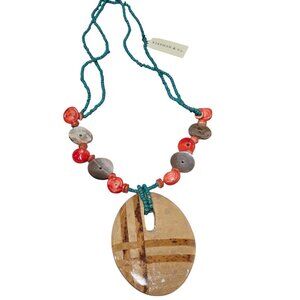 Stephan & Co Bohemian Wood Beaded Turquoise Orange Necklace NWT
